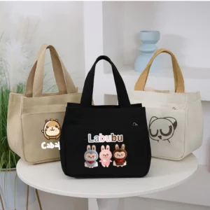Túi mini đa năng đựng cơm,đựng mỹ phẩm màu sắc đơn giản sức chứa lớn vải Canvas phong cách Nhật Bản hoạ tiết Labubu
